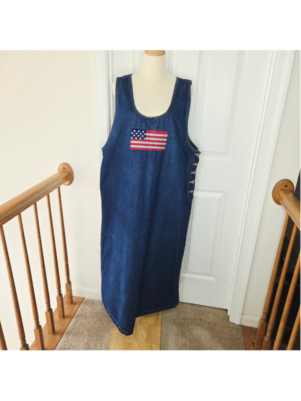 Sunshine Apparel Sleeveless Blue Denim Jumper American Flag Maxi Dress Plus 2X - Picture 2 of 10